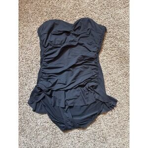 Lauren Ralph Lauren Shirred Bandeau One Piece Swimsuit Black Sz 16